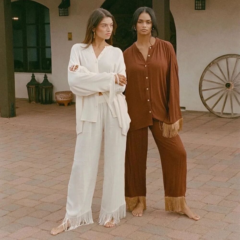 WeWoreWhat NWT Brown Fringe Button Up Shirt Wide Leg Pants Set XXS Boho Western